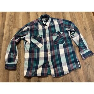 Elk Shirt, Men's Size Large, Blue Green Purple, Plaid, Button Up, Comfort Fit